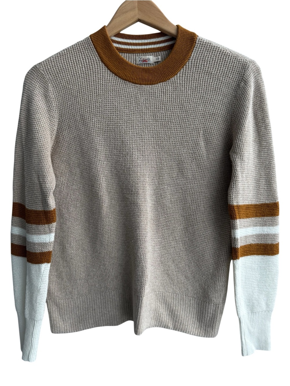 FAHERTY Throwback Crew Neck Waffle Knit Sweater in Tan Oat Varsity Stripe Small - Picture 5 of 11